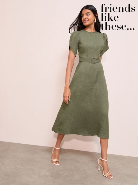 Friends Like These Khaki Green Petal Sleeve Midi A Line Belted Dress (H23965) | £52