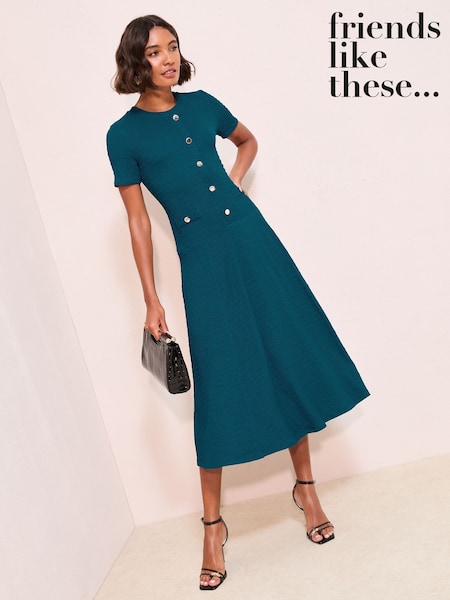 Friends Like These Teal Blue Textured Jersey Drop Waist Button Detail Midi Dress (H23966) | £46