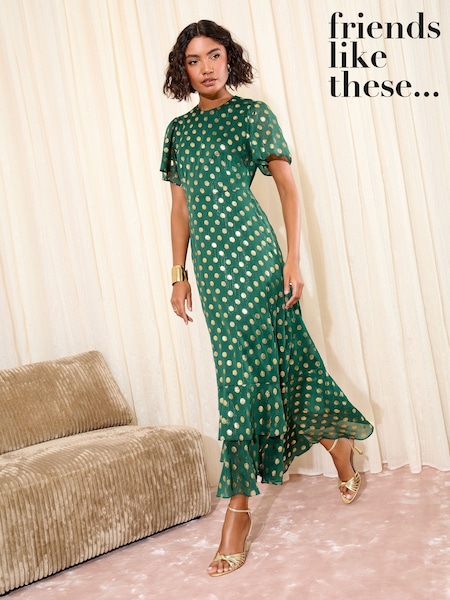 Friends Like These X Lucy Mecklenburgh Green Petite Foil Spot Short Sleeve Chiffon Tiered Maxi Dress (H23997) | £65