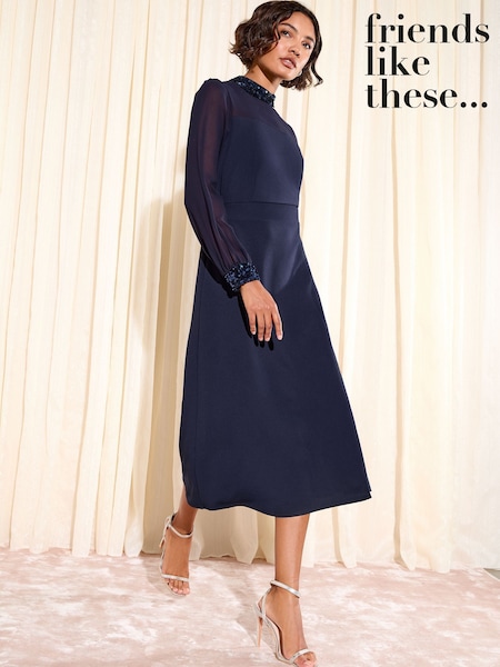 Friends Like These Navy Blue Petite Chiffon Scuba Sequin Trim Midi Dress (H24000) | £45