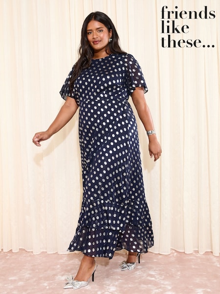 Friends Like These X Lucy Mecklenburgh Navy Curve Foil Spot Short Sleeve Chiffon Tiered Maxi Dress (H24002) | £65