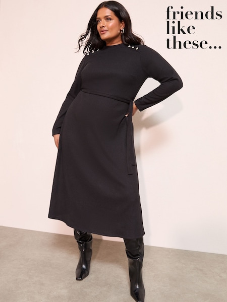 Friends Like These Black Curve Long Sleeve Belted Cosy Midi Dress (H24009) | £45