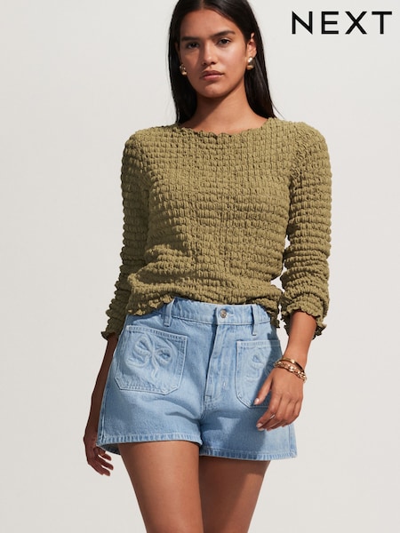 Denim Lightwash Patch Pocket Bow Shorts (H24019) | £42