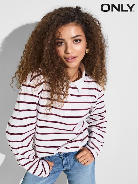 ONLY Burgundy Stripe Long Sleeve Polo Shirt (H24067) | £35