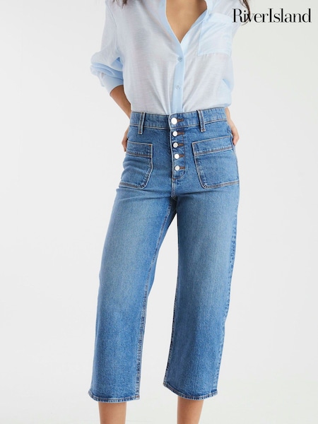 River Island Blue Wide Fit High Rise Pocket Front Cropped Jeans (H24102) | £40