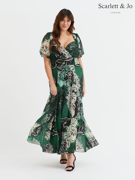 Scarlett & Jo Green Kemi Mulberry Cream Print Bolero Wrap Bodice Maxi Gown (H24124) | £95