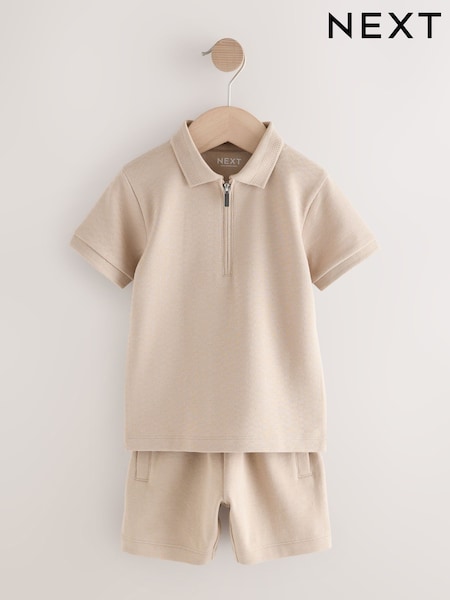 Neutral Textured Short Sleeve Zip Neck Polo Shirt And Shorts Set (3mths-7yrs) (H24138) | £11 - £15