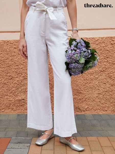 Threadbare White Belted Linen Blend Wide Leg Trousers (H24197) | £40