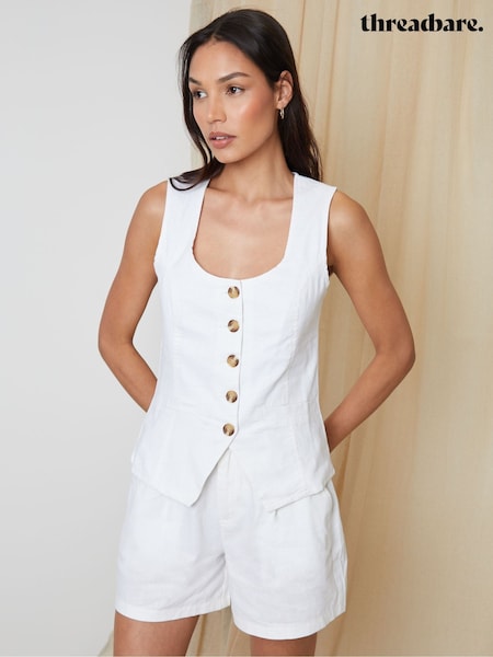 Threadbare White Scoop Neck Longline Linen Blend Waistcoat (H24199) | £32