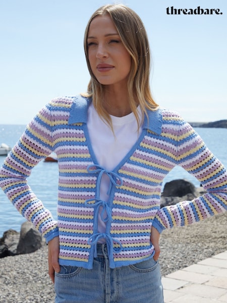 Threadbare Blue Stripe Collared Tie Front Crochet Knit Cardigan (H24212) | £30
