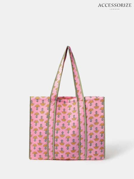 Accessorize Pink Floral Print Block Quilted Tote Bag (H24265) | £35