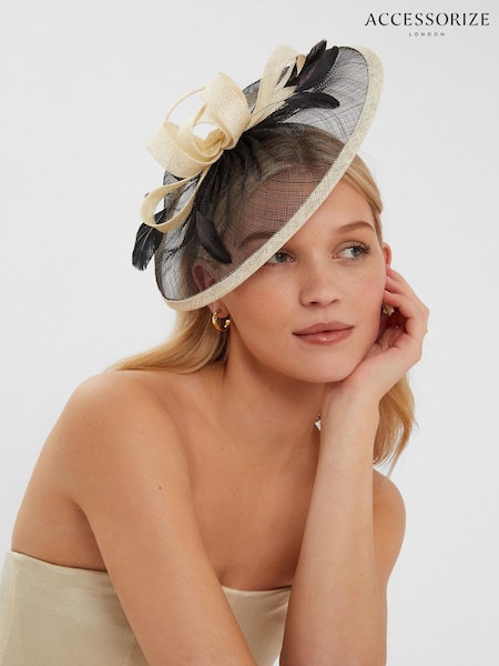 Accessorize Black Woven Bow Feather Disc Fascinator Hat (H24279) | £55