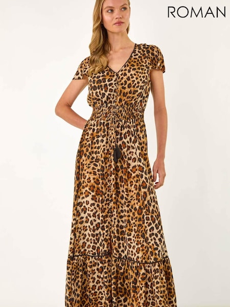 Roman Brown Animal Print Shirred Maxi Dress (H24560) | £55