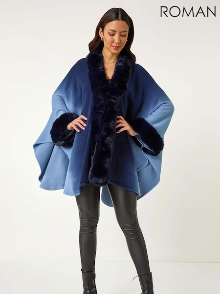 Roman Blue Dip Dye Faux Fur Trim Cardigan Cape (H24575) | £58