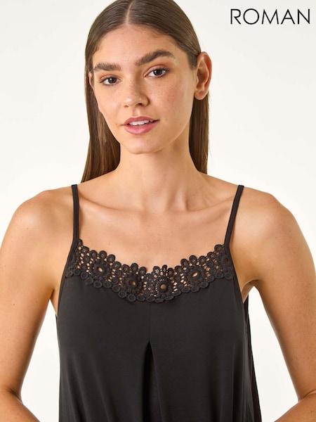Roman Black Lace Trim Cami Stretch Top (H24583) | £32