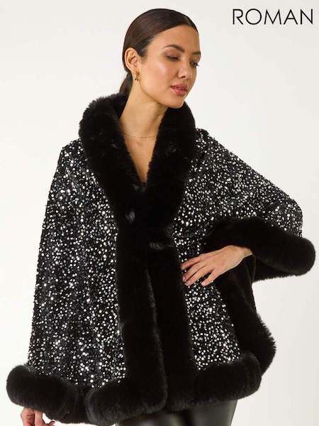 Roman Black Faux Fur Trim Sequin Cardigan Cape (H24597) | £58