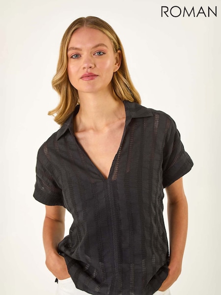 Roman Black Textured Collar V-Neck T-Shirt (H24607) | £32