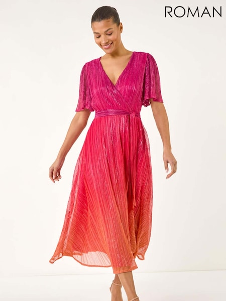 Roman Orange Ombre Plisse Midi Wrap Dress (H24615) | £78