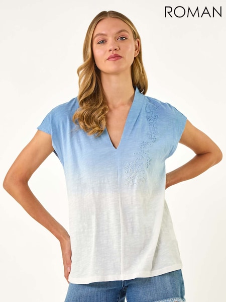 Roman Blue Dip Dye Embroidered 100% Cotton Top (H24621) | £32