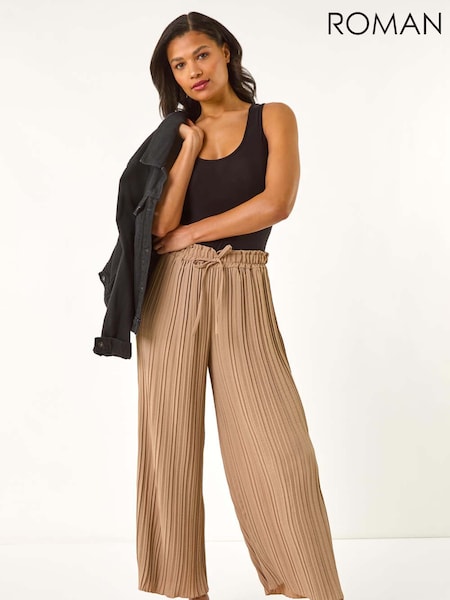 Roman Natural Pleated Wide Leg Stretch Culottes Trousers (H24622) | £36