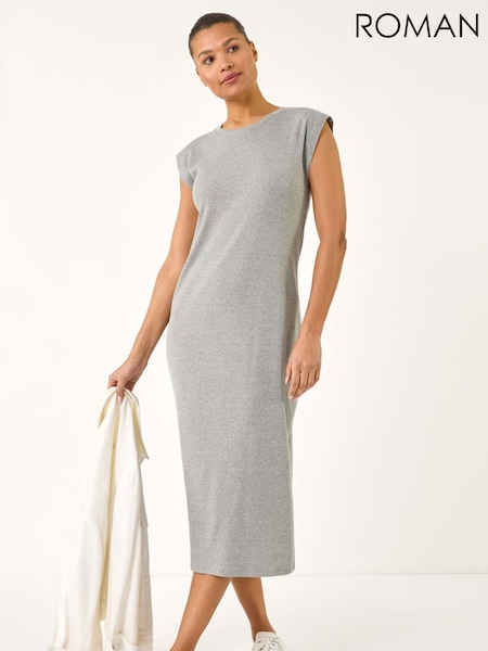 Roman Grey Ribbed Cap Sleeve Midi Dress (H24640) | £28