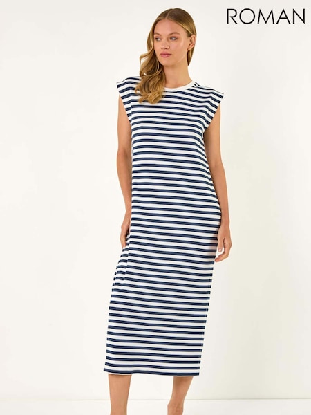 Roman Blue Ribbed Stripe Cap Sleeve Midi Dress (H24643) | £30