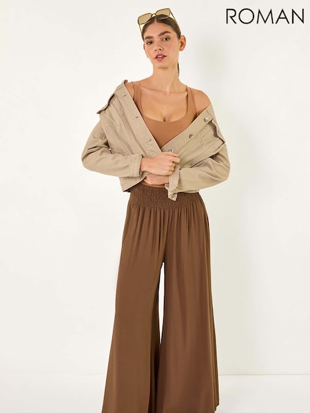 Roman Brown Relaxed Ruched Wide Leg Trousers (H24645) | £40