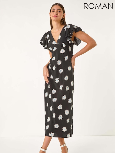 Roman Black Floral Print Frill Midi Dress (H24647) | £50