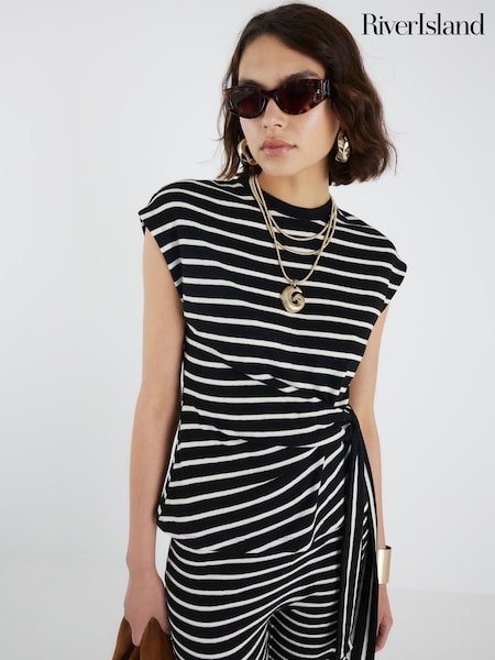 River Island Black Stripe Knot Side T-Shirt (H24857) | £29