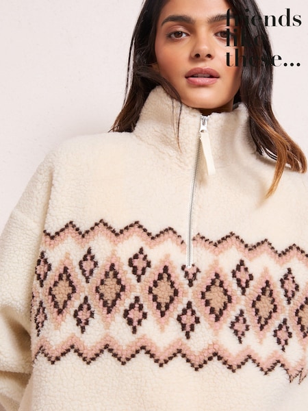 Friends Like These Cream Fairisle Pattern Half Zip Borg Sweatshirt (H24908) | £40