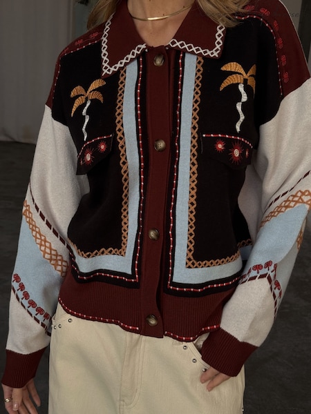Never Fully Dressed Black Geometric Contrast Stitch Palm Print Knit Bomber Jacket (H25057) | £149