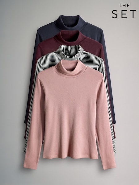 The Set Navy/Berry/Pink/Stripe 4 Pack Ribbed Roll Neck Long Sleeve T-Shirts (H25249) | £34