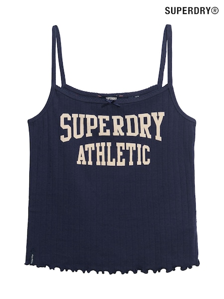 Superdry Blue Athletic Essentials Graphic Pointelle 100% Cotton Cami Top (H25419) | £20
