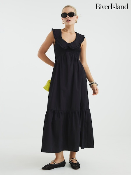 River Island Black Collar Ruffle Shirred 100% Cotton Dress (H25431) | £46
