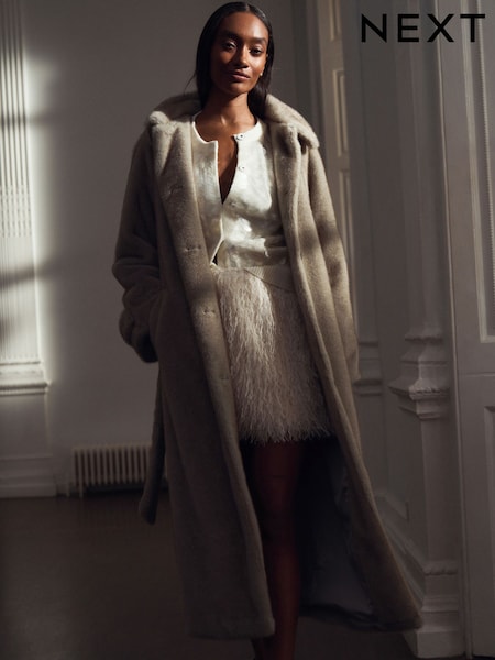 Grey Longline Belted Faux Fur Coat (H25481) | £110