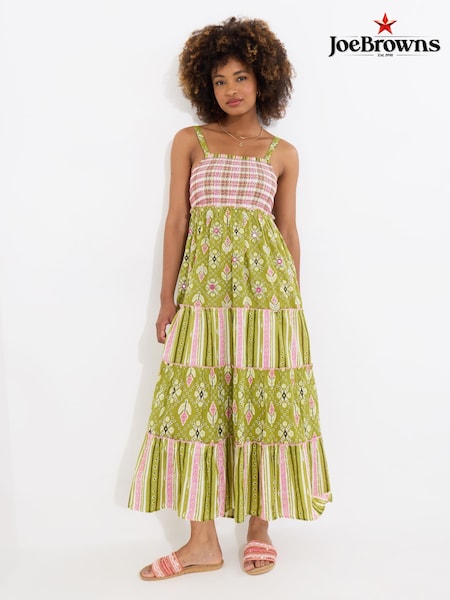 Joe Browns Green Checkered Shirred Bodice Embellished 100% Cotton Maxi Dress (H25621) | £75
