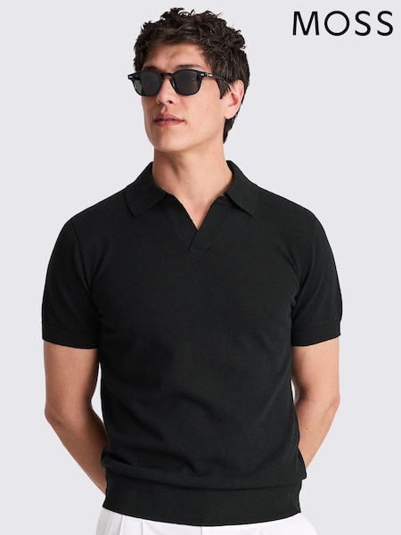 MOSS Black Linen Blend Skipper Polo Shirt (H25670) | £60