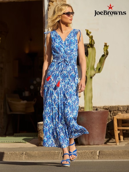 Joe Browns Blue Petite Breezy 100% Cotton Printed Tie Shoulder Maxi Dress (H25681) | £60