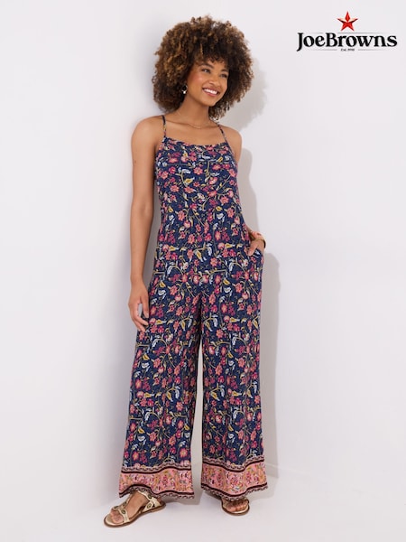 Joe Browns Blue Petite Strappy Floral Border Print Jumpsuit (H25683) | £45