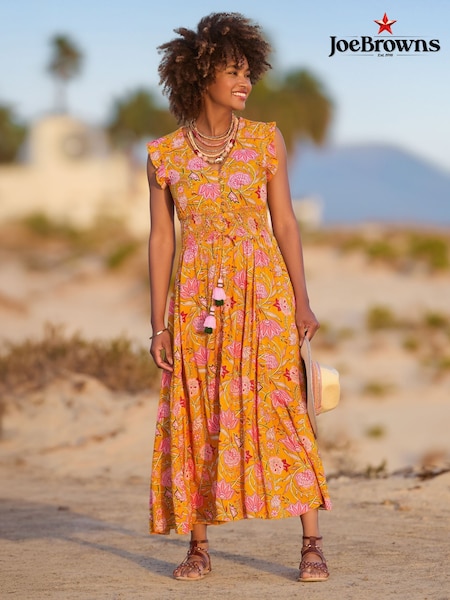 Joe Browns Yellow Petite Button Front Floral Print Tassel Maxi Dress (H25684) | £70