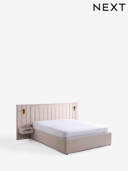 Tweedy Plain Blush Pink Mayfair Upholstered Hotel Bed Frame with Ottoman Storage Bedside Tables and Lights (H25701) | £1,315 - £1,415