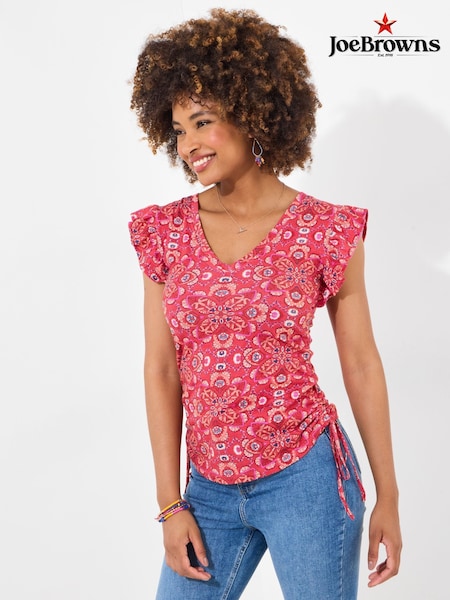 Joe Browns Red Ruffle Sleeve Rouched Side 100% Cotton Jersey Top (H25785) | £40
