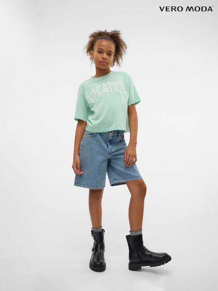 VERO MODA Green Short Sleeve Logo Cropped Jersey Top (H25833) | £12