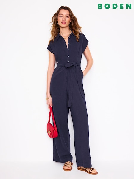 Boden Blue Colette Double Cloth 100% Cotton Jumpsuit (H25889) | £126