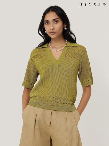 Jigsaw Green Blend Pointelle Polo Shirt (H25924) | £145