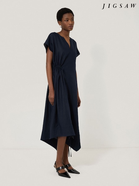 Jigsaw Blue 100% Linen Channel Midi Dress (H25929) | £175