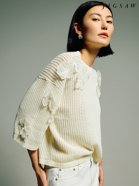 Jigsaw Cream 100% Cotton Floral Applique Knit Top (H25931) | £185