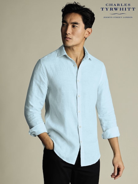 Charles Tyrwhitt Blue Ground Slim Fit Slim Fit Plain Pure 100% Linen Shirt (H26074) | £75