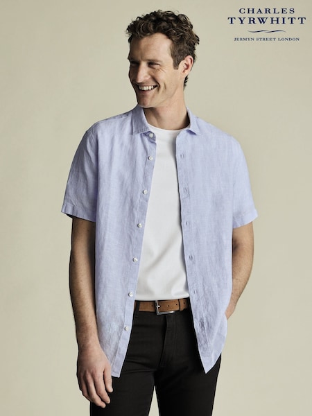 Charles Tyrwhitt Blue Classic Fit Plain Short Sleeve Pure 100% Linen Shirt (H26084) | £75