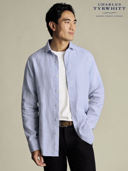 Charles Tyrwhitt Sky Blue Slim Fit Slim Fit Plain Button Down Pure 100% Linen Shirt (H26098) | £75